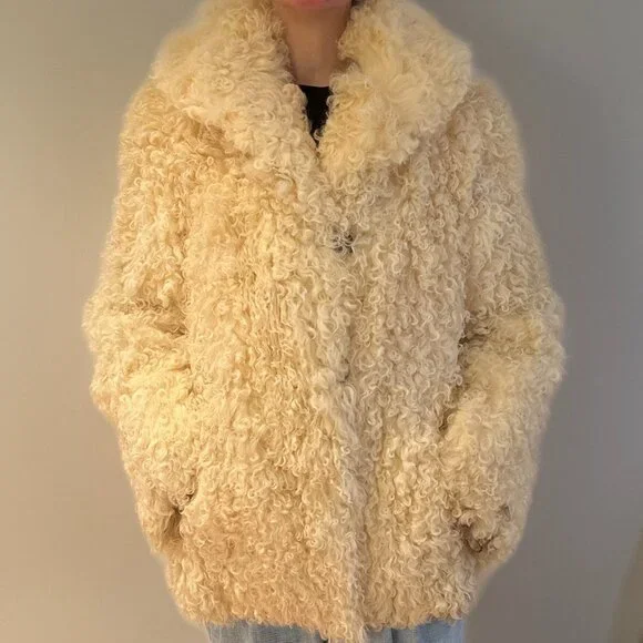 Vintage Persian Curly Geunuine Lamb Afghan Fur Coat White Spotted Jacket S/M - Picture 7 of 8